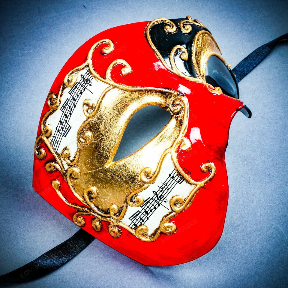 Red Phantom Of The Opera Musical Gold Lining Black Masquerade Venetian Men Mask - Image 1 of 4