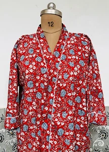 Indian 100% Cotton Red Floral Kimono Bath Robes Night Maxi Gown Kimono Robes US - Picture 1 of 8