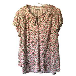 Rose + Olive Top 2X Floral Boho Cottagecore Smocking Flutter Sleeves Lagenlook - Picture 1 of 12