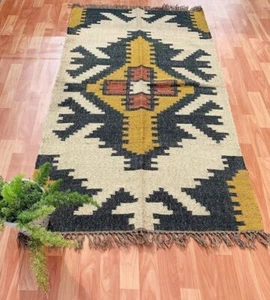 Rectangle Kilim Rug Handmade Rug Antique Wool Jute Living Room Runner Rug Carpet - Picture 1 of 7
