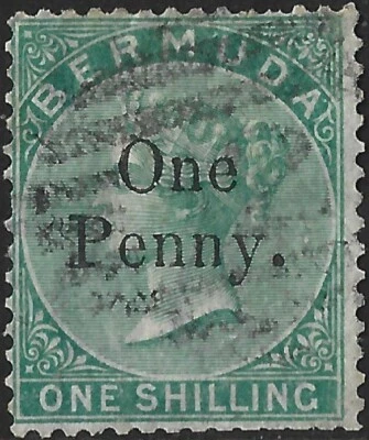 Bermuda 1875 QV 1d on 1/- Green  Wmk Crown CC  SG.17 Used Cat:£250  Perf Faults - Image 1 of 2