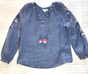 Blusa Charter Club Lujo Lino Bordado Floral Top M Campesina Borlas Azul - Imagen 1 de 13