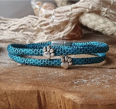 Armband Segeltau "Pfötchen" Türkis Petrol Dunkelblau + Magnetverschluss - Bild 1 von 2