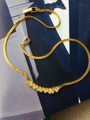 Collana Catena Piatta Givenchy Strass Cuori a Fila Vintage