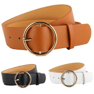 Women Lady Gold Round Buckle Adjustable Skinny Belt Faux Leather Jeans Waistband - Picture 1 of 4