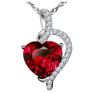 Sterling Silver 4.10 ct Simulated Ruby Heart Shaped Gemstone Pendant Necklace - Picture 1 of 5