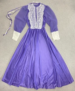 Vintage 70s Victorian Maxi Dress Sz Small Lace Cottage Prairie Pearl Button Puff - Picture 1 of 24