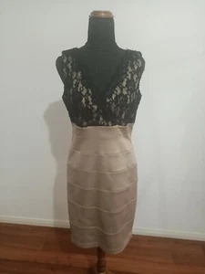 REVIEW size 10 satin v neck glitter sequin pencil dress beige black event dress - Picture 1 of 7