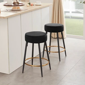 Counter Height Bar Stools Set of 2 Velvet Counter Stools 24" Kitchen Stool Round - Picture 1 of 56