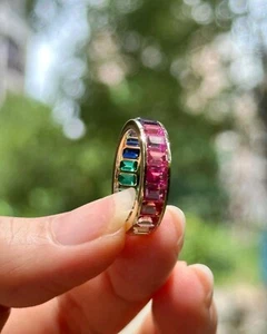 Anillo de eternidad baguette arco iris colorido circón apilable delicado regalo de boda 7uu - Imagen 1 de 16