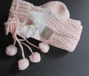 UGG Socks Over the Knee Cable Knit Pom Poms Seashell Pink w Gold Threads New - Picture 1 of 16