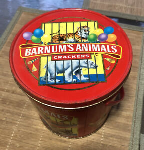 1991 Barnum's Animal Crackers Tin Pail Bucket w Red Plastic Handle 6" FAIR cndtn