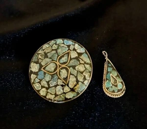 Set of 2: Vintage Inlaid Turquoise Brooch and Pendant from India - Picture 1 of 8