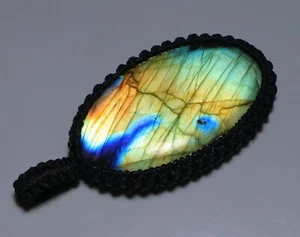 74 CT MACRAME OVAL PENDANT 100% NATURAL MULTI FIRE LABRADORITE GEMSTONE AA-19 - Picture 1 of 6