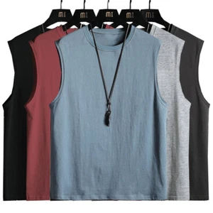 Tunic Vest T-Shirt Tank Tops Tees Men Sleeveless Muscle Solid Blank Gym / - Picture 1 of 18