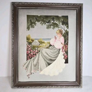 Nantucket Rose Vintage 1997 Petit Point Pillowed Framed 18"x18" Art Beautiful - Picture 1 of 15
