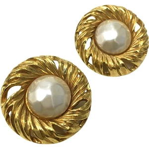 YVESSAINT LAURENT Earrings Faux Pearl Round Clip-on Cassandra Line Gold USED - Picture 1 of 9