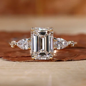3Ct Emerald Cut Moissanite Three Stone Engagement Ring In Solid 14K Yellow Gold - Picture 1 of 7