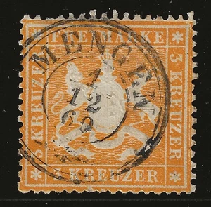 1860 Germania Wurttemberg - 3 k. giallo arancio dentellatura 13½ usato - Picture 1 of 1