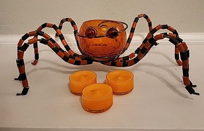 Halloween Black Orange Crackle Glass Spider Votive Tealight Candle Holder - Image 1 of 4