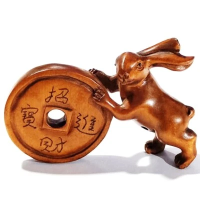 Y8668 - Estatuilla Netsuke de boj tallada a mano de 2" - Conejo rico Foto 1 de 4