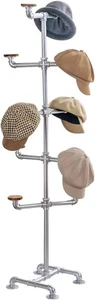 Silver Metal Pipe Rack w/ Brown Wood Hat Hangers, Decorative Pipework Stand - Picture 1 of 7