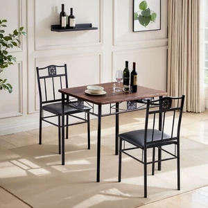 Set of 3 Dining Table Set Kitchen Furniture Chair Seat Wooden Table Metal Seat - Picture 1 of 14