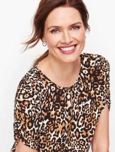 Talbots Blouse Sz L Leopard Print Ruched Short Sleeves Non Iron Travel Career - Picture 1 of 8