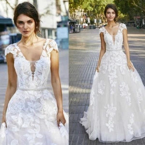V Neck A Line Wedding Dresses Embroidery Applique Cap Sleeves Train Backless New - Picture 1 of 20