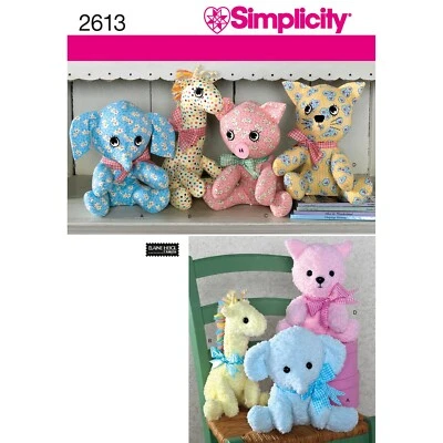 Simplicity 2613 STUFFED TOYS Elephant Giraffe Pig Cat Sewing Pattern 10-12" tall - Image 1 of 4