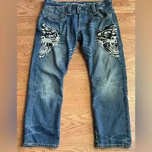 Jeans Ed Hardy Uomo Taglia 40 X 32 Bottoni Fly Ricamato Tigre Y2K Vintage - Foto 1 di 9