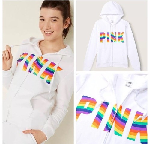 UNDERCOVER Felpa con cappuccio e zip intera Victorias Secret rosa perfetta bianca arcobaleno XS