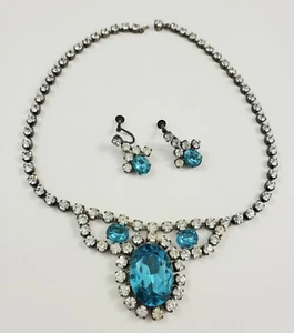 Vintage MADE GERMANY Aqua Blue & Clear Rhinestone Necklace & Earrings SET - Picture 1 of 11
