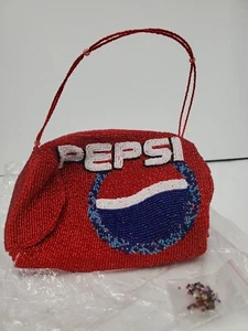 Vtg Rare Red Pepsi HAND BEADED small purse BRAND NEW W/ SPARE BEADS - Picture 1 of 12