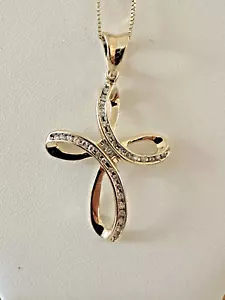 14kt.yellow gold cross with natural round diamonds,16"box chain. - Picture 1 of 7