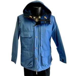 Vtg 80's Woolrich Women Blue Chore Field Parka Coat Wool Lined HOODED Jacket M - Picture 1 of 14
