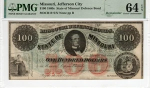 Missouri State Note 1860s $100 - CR-19 - CSA - PMG Choice Unc 64 EPQ - Civil War - Bild 1 von 2