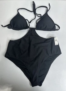 Aerie Neu mit Etikett Einteiler frecher Badeanzug schwarz strukturiert Bikini Vacay Größe L gepolstert - Bild 1 von 7