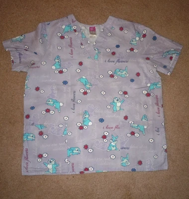 WALT DISNEY THUMPER SCRUB TOP WOMENS LARGE FLOWERS LAVENDER VINTAGE EARLY 2000'S - Image 1 of 4