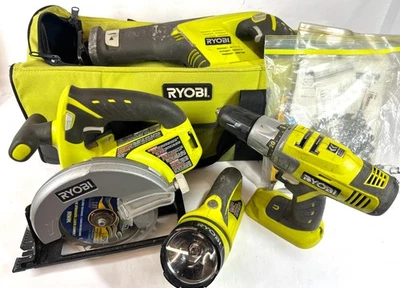 4 Pc Ryobi 18v Drill Skill Reciprocating Saw Drill Flashlight Set w/ Bag NO BAT - Image 1 of 4