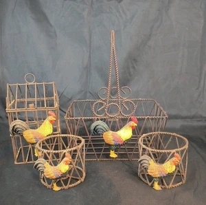 4pc Set Rooster Rusted Metal Basket Farm Chicken Eggs Rustic Decorative Birds - Picture 1 of 9