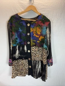 Calessa Size 1X Blouse Tunic Top Button Up Artsy Mixed Print 3/4 fluted Sleeve - Picture 1 of 10
