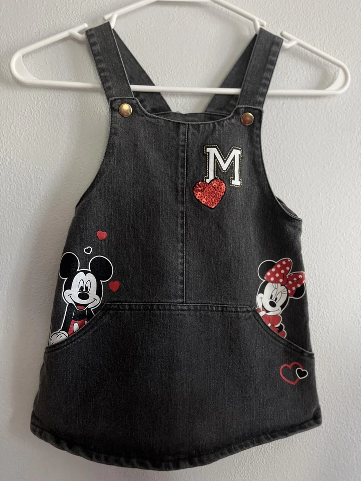 Vestido Disney Minnie Mickey Niñas 3T Negro Denim Jersey Delantal Corazones Lentejuelas Foto 1 de 4