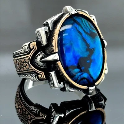 Anillo de plata turca 925 para hombre abulón azul de perlas Foto 1 de 4