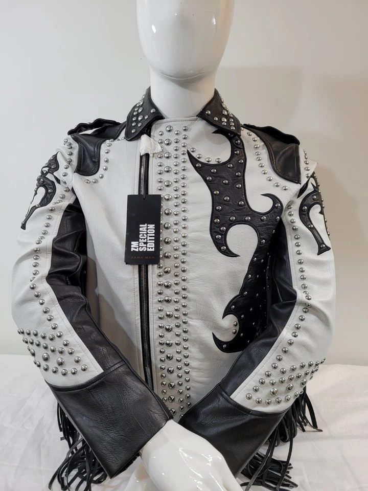Chaqueta de motociclista Zara negra blanca para hombre talla L con tachuelas Foto 1 de 4