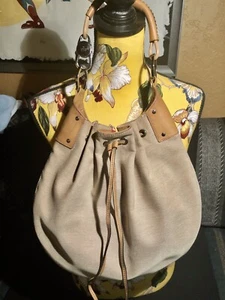 GUCCI Schultertasche Leinen und Leder Kordelzug Peitschenstich. Guter Zustand - Bild 1 von 12