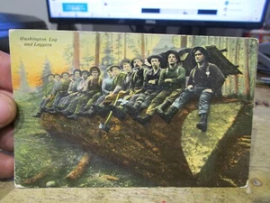 Antigua postal M25 ESTADO DE WASHINGTON leñadores madereros hombres secuoyas gigantes - Imagen 1 de 2
