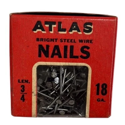 Vtg ATLAS Bright Steel Wire NAILS~18ga.~3/4”~Full Box~GLOBE Graphics~Prop/Use - Image 1 of 4
