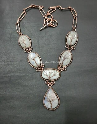 Collar de piedra lunar árbol de la vida envuelto en alambre de cobre collar hecho a mano para regalo Foto 1 de 4