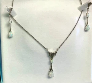 Sterling Silver Art Deco Opal Marcasite Pear drop Necklace & Dangle Earrings set - Picture 1 of 15